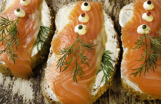 Sandwiches with salted salmon. Close-up.